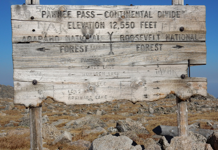 The Pawnee Pass sign on the Continental Divide
