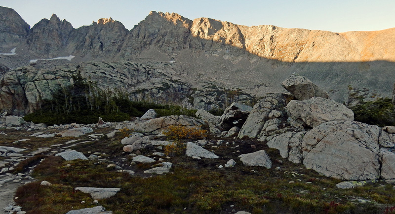 North view from Timberline, on the Pawnee Pass Trsail, showing late day low angle sun on ridge