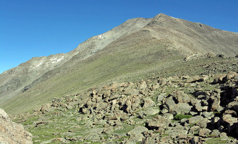 Looking up at Mount Meeker from the Southeast Ridge