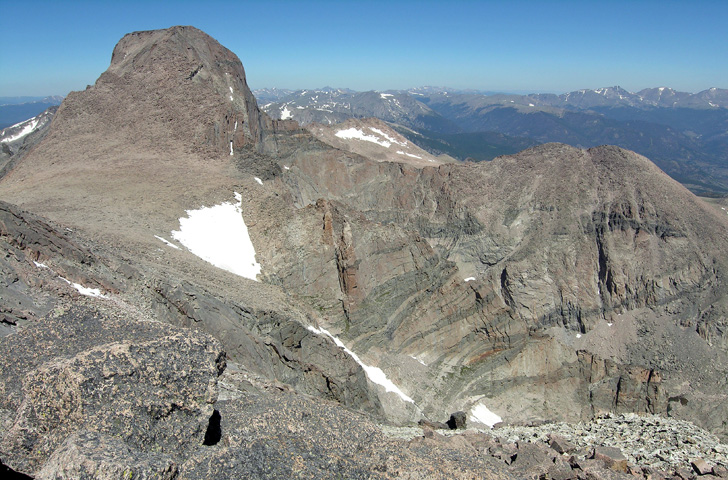 View of the south side of Longs Peak and Mount Lady Washington from the upper Southeast Ridge of Mount Meeker