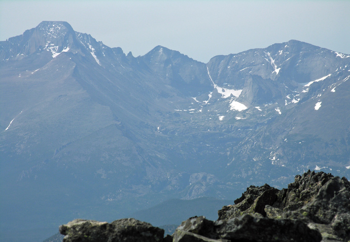 Smoky view of Glacier Gorge from Ypsilon Mountain