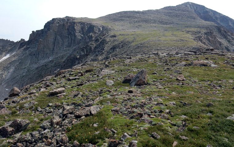 Looking up the west slopes leading to the west ridge of Chiefs Head Peak, Wild Basin, RMNP, Colorado