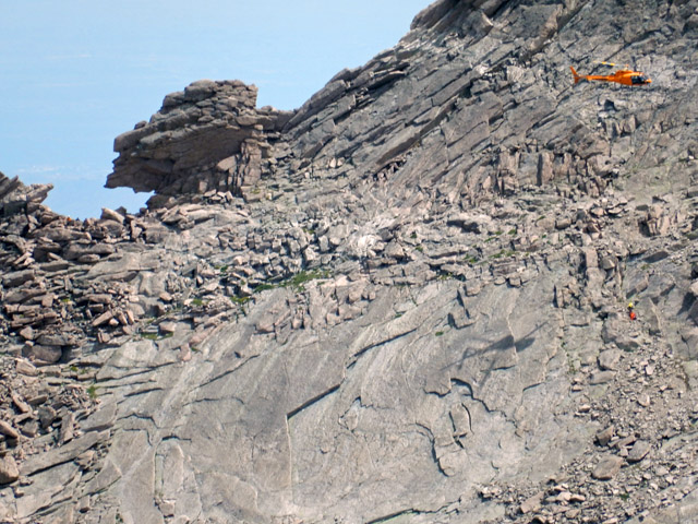 West side of Longs Peak Keyhole with helicopter body recovery in progress