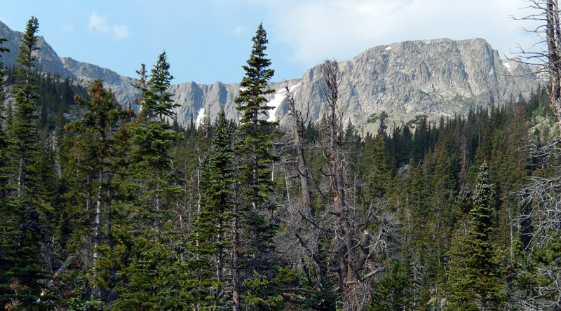 View of the Rocky Mountain National Park north border from trail to Emmaline Lake