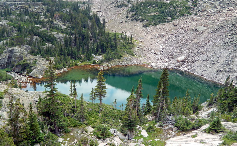 View from up in the cirque a bit, looking back down at Cirque Lake