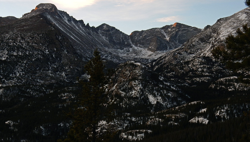 Early morning view of Glacier Gorge, still in the shadow of Longs Peak