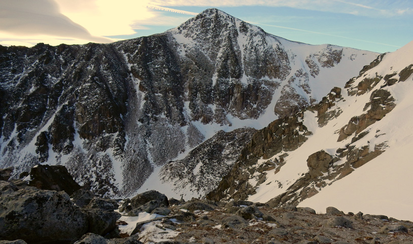 View of Hallett Peak from the horse hitch near the summit of Flattop Mountain