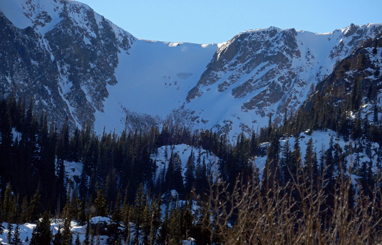 View looking up into Tydall Gorge and the back glacier wall from near Bear Lake