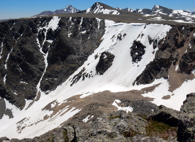 View from the top of the Left Notchtop Couloir, on the Odessa Gorge rim, looking across at the Ptarmigan Fingers couloirs