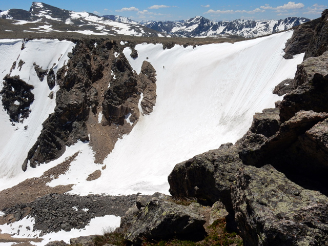 View from the top of the Left Notchtop Couloir, on the Odessa Gorge rim, looking west at Ptarmigan Glacier