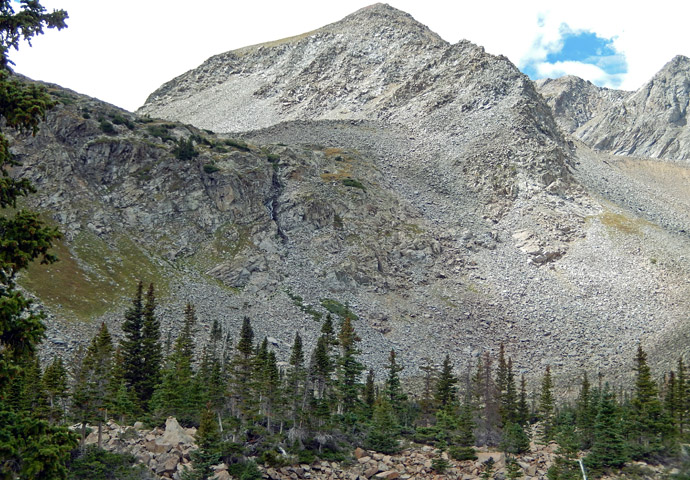 Distant view of waterfall below Lake of the Clouds in the Never Summer Range