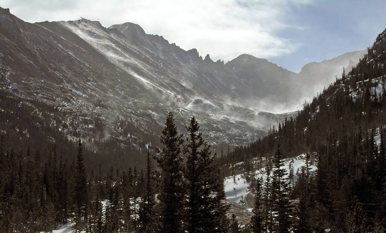 A windy winter view up into Glacier Gorge from Mills Lake, Rocky Mountain National Park