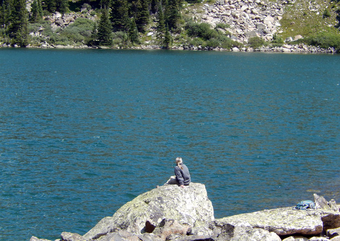 Suzy relaxing on a rock along the SW shore of Mirror Lake