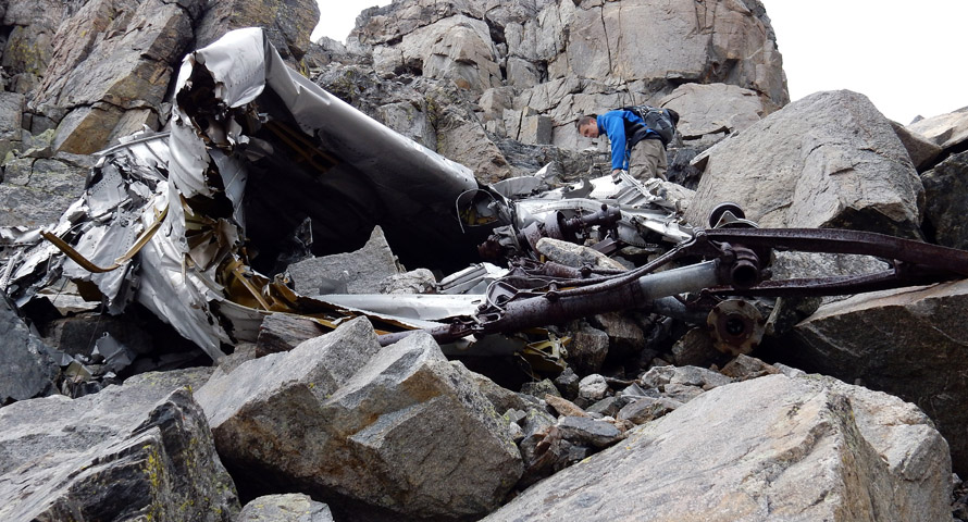 My son, Steve, checking out wreckage in Airplane Gully during Navajo Peak Ascent