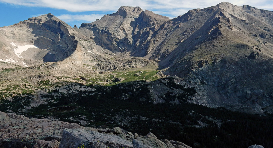 A view of the basin lined by Meeker, Longs, Pagoda, and Mount Orton