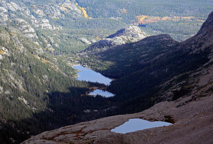 View of the Glacier Gorge lake (Blue, Jewel, and Mills) from the eastern scree slopes of Pagoda Mountain