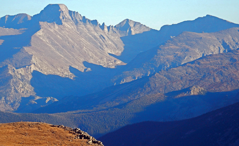 View of the Glacier Gorge, showing Longs Peak and Pagoda Mountain, from Trail Ridge Road