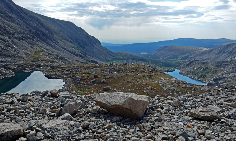 Shot of the unnamed lake and Blue Lake further down to the right from below Paiute Peak SE scree slope