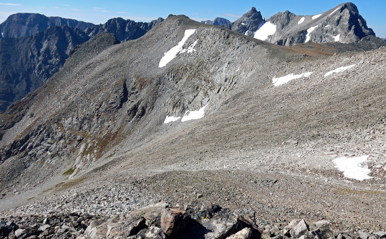 View of Shoshoni Peak North Slopes across scree slope from Peak 12,878, Indian Peaks Wilderness Area