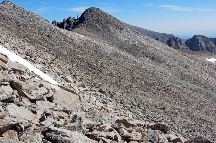 Looking back across the scree slope at Peak 12,878 from the North Slopes of Shoshoni Peak, Indian Peaks Wilderness Area