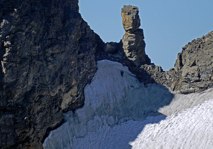 Zoomed in shot of the rock pinnacle, Dickers Peck, from Shoshoni Peak, Indian Peaks Wilderness Area