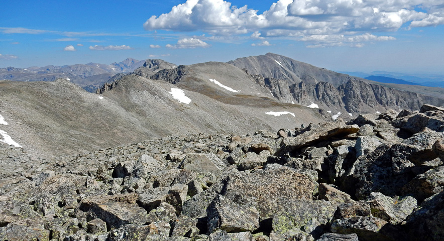 View north along the Continental Divide from Shoshoni Peak North Slopes, Indian Peaks Wilderness Area