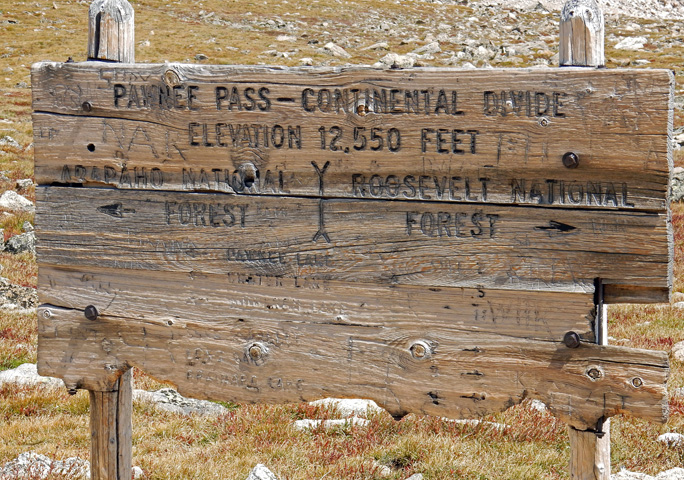 Sign at Pawnee Pass, Indian Peaks Wilderness Area