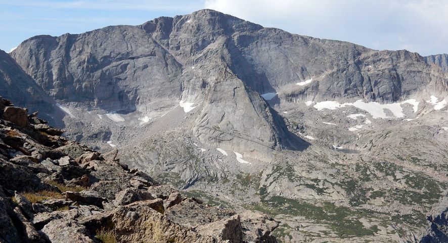 Looking at Chiefs Head Peak and Spearhead in the Glacier Gorge from Storm Peak North Ridge
