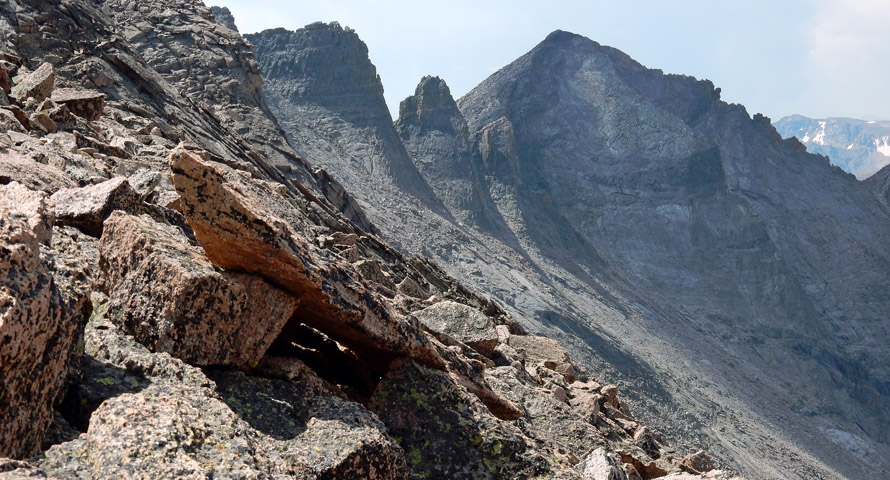 View of Lower Keyboard of the Winds and Pagoda Mountain from the upper Storm Peak North Ridge