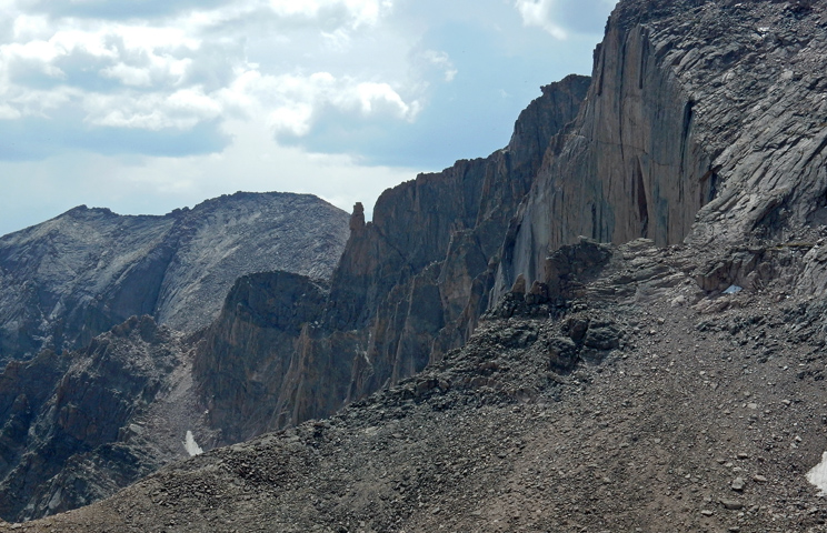 Longs Peak upper Diamond Wall and Mount Meeker in the left background from Storm Peak summit