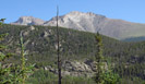 Clear morning view of Longs Peak and Mount Meeker from the Wild Basin trail to Bluebird Lake
