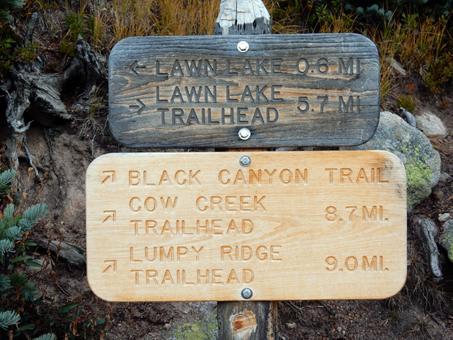 Trail sign near Lawn Lake in Rocky Mountain National Park