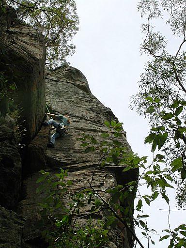 Topping out on R.S. on the Big Banana Buttress at the Monkeyface Cliffs