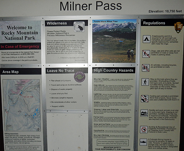 The info-board at the Poudre Lake Trailhead at Milner Pass