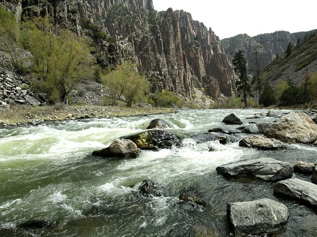 View at the bottom of the Gunnison Route, in the Black Canyon, looking up-stream