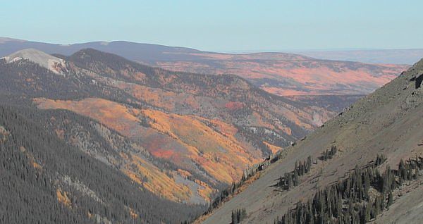 Above treline, looking down at the magnificent autumn colors created by all the aspen groves around San Luis Peak.