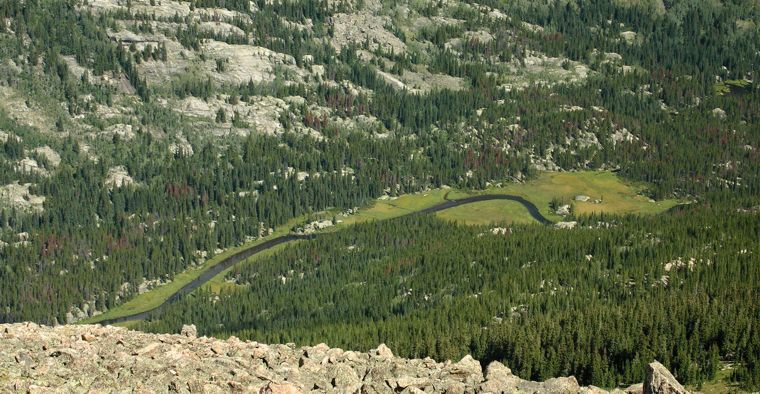 Looking down at Cross Creek while descending the North Ridge Route of Mount of the Holy Cross