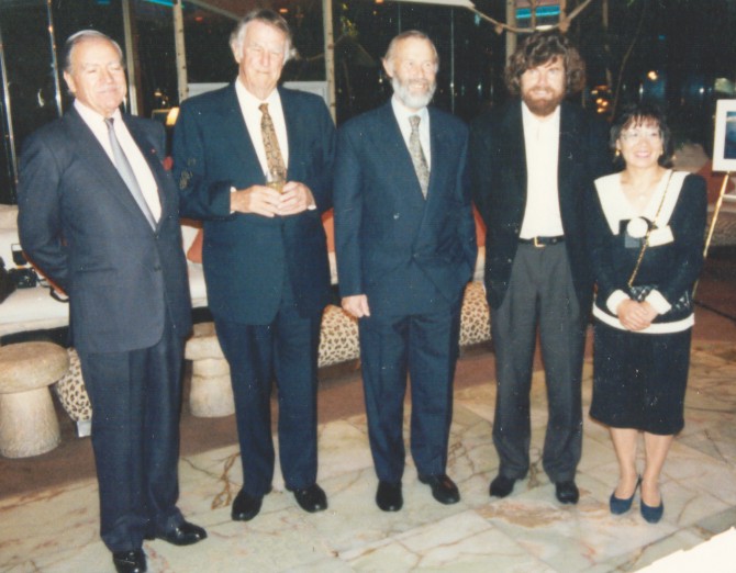 Maurice Herzog, Chris Bonington, Edmund Hillary, Reinhold Messner and Junko Tabei at the San Francisco Fairmount Hotel