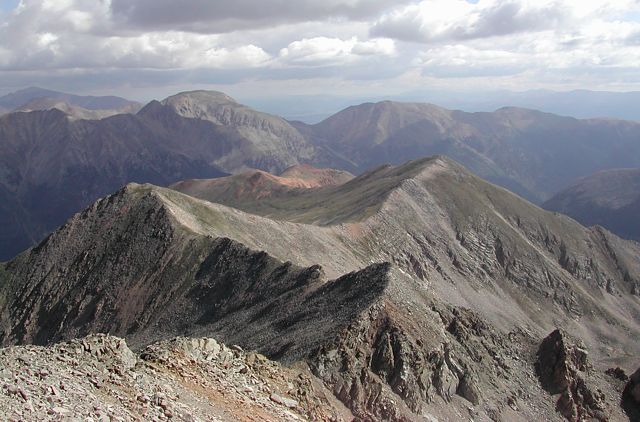Standing on the summit of Huron Peak, looking down the North Ridge Route.