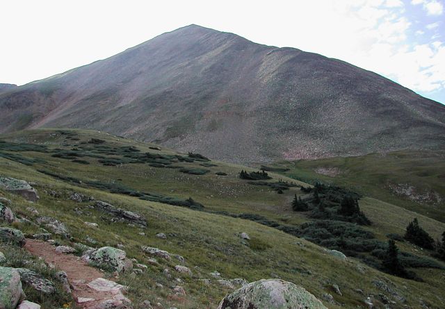 Looking up at Huron Peak from just above treeline on the Northwest Slopes Route