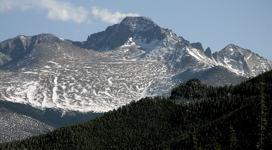 Longs peak from the Lawn Lake Trail, also showing Mount Meeker, Mount Pagoda, Storm Peak, and Mount Lady Washington