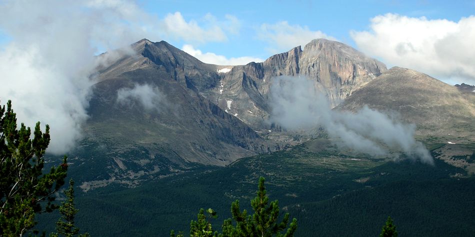 Longs peak from the Twin Sisters Trail, also showing Mount Meeker on the left and Mount Lady Washington on the right