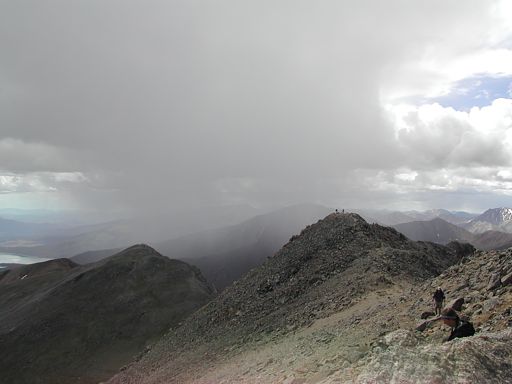 Standing on top of Mount Massive, looking back at South Massive and Point 13,630, and the small storm that just blew over