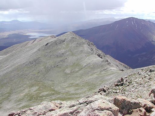 Looking down at Point 13,630 and the East Ridge, as we descended down to the saddle between Massive and South Massive