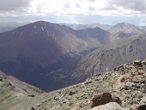 Looking south toward Mount Elbert and La Plata Peak, while descending down to the saddle between Massive and South Massive