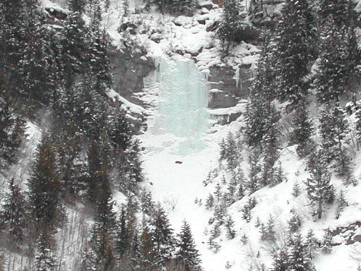 Distant view of the Pumphouse Falls ice at Vail, colorado