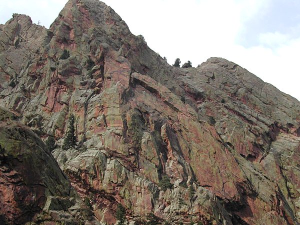 View looking northeast at Tower One (back left) and Tower Two (front right) of the Red Garden Wall, Eldorado Canyon, Boulder, Colorado