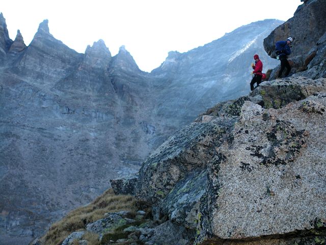 Climbers gearing up on Spearhead's Northeast Ridge Route
