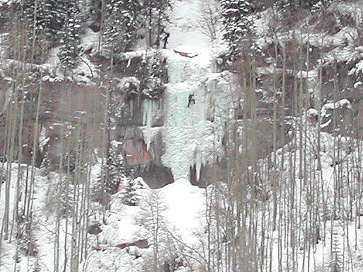 Distant view of the Spiral Straircase ice climb at Vail