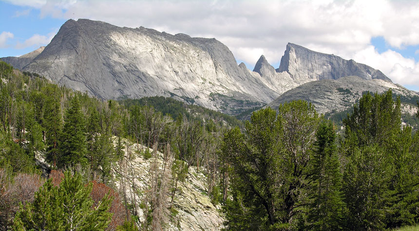 Haystack Mountain, Steeple Peak, and East Temple Peak, taken looking east from the trail north of Big Sandy Lake
